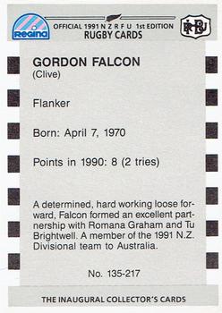 1991 Regina NZRFU 1st Edition #135 Gordon Falcon Back